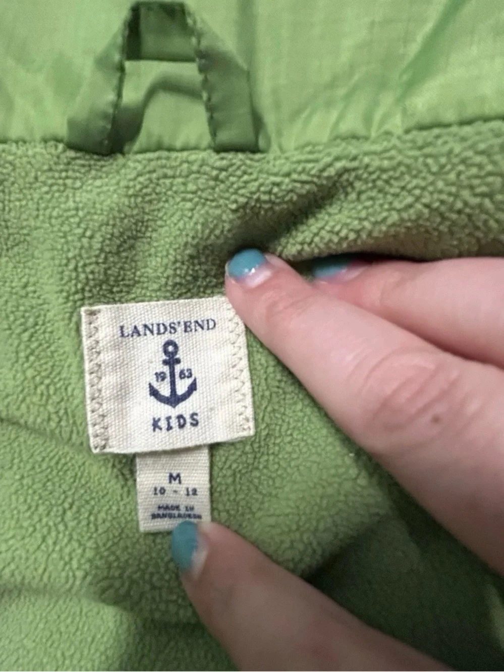 Youth Kids Lands End Green Fleece Lined Puffer Jacket Size Medium (10/12)